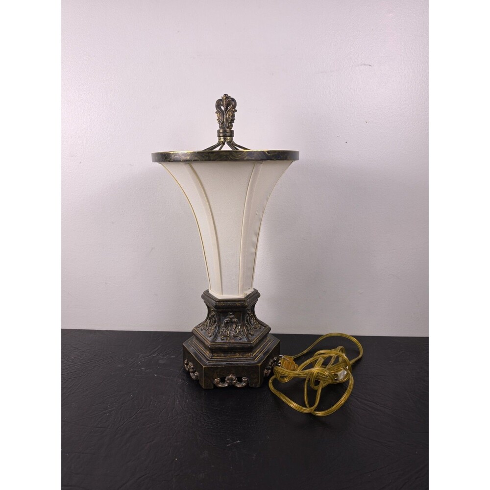 Vintage Hollywood Regency Trumpet Table Lamp Ornate Bronze Gold Base Paneled...